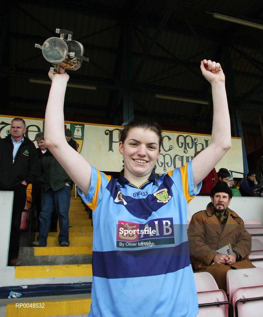 24 February 2008; University College Dublin captain Susie O'Carroll holds aloft the Ashbourne Cup. 2008 Ashbourne Cup Final, University College Dublin v Waterford IT, Casement Park, Belfast, Co. Antrim. Picture credit: Oliver McVeigh / SPORTSFILE