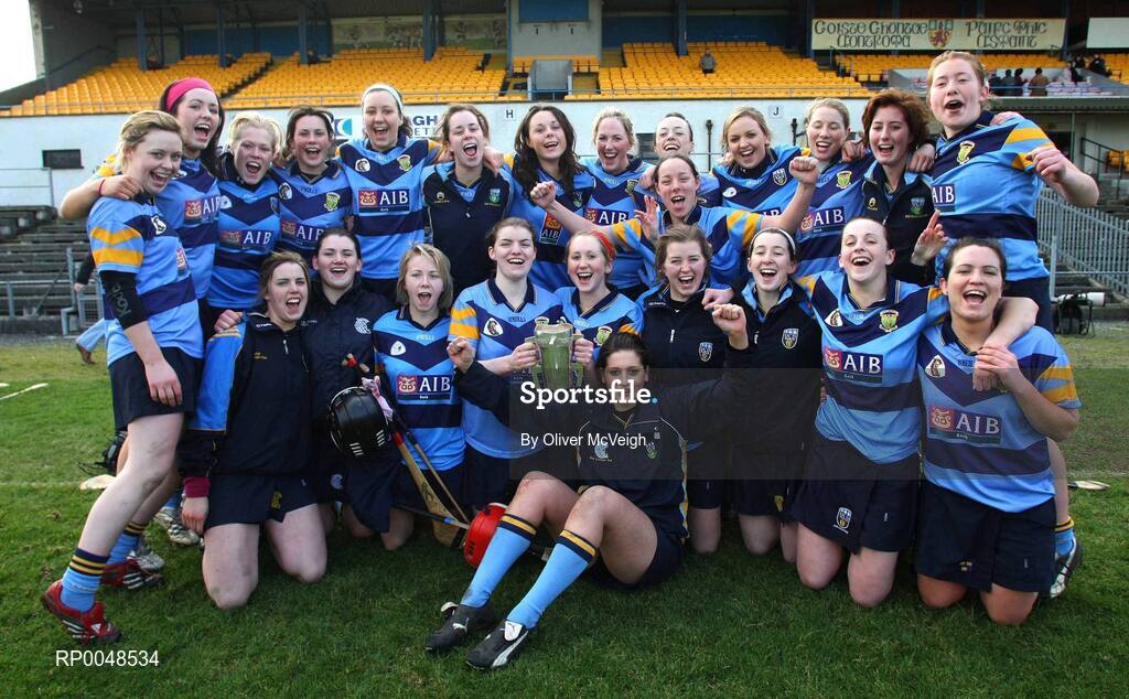 24 February 2008; The University College Dublin panel celebrate with the Ashbourne cup. 2008 Ashbourne Cup Final, University College Dublin v Waterford IT, Casement Park, Belfast, Co. Antrim. Picture credit: Oliver McVeigh / SPORTSFILE
