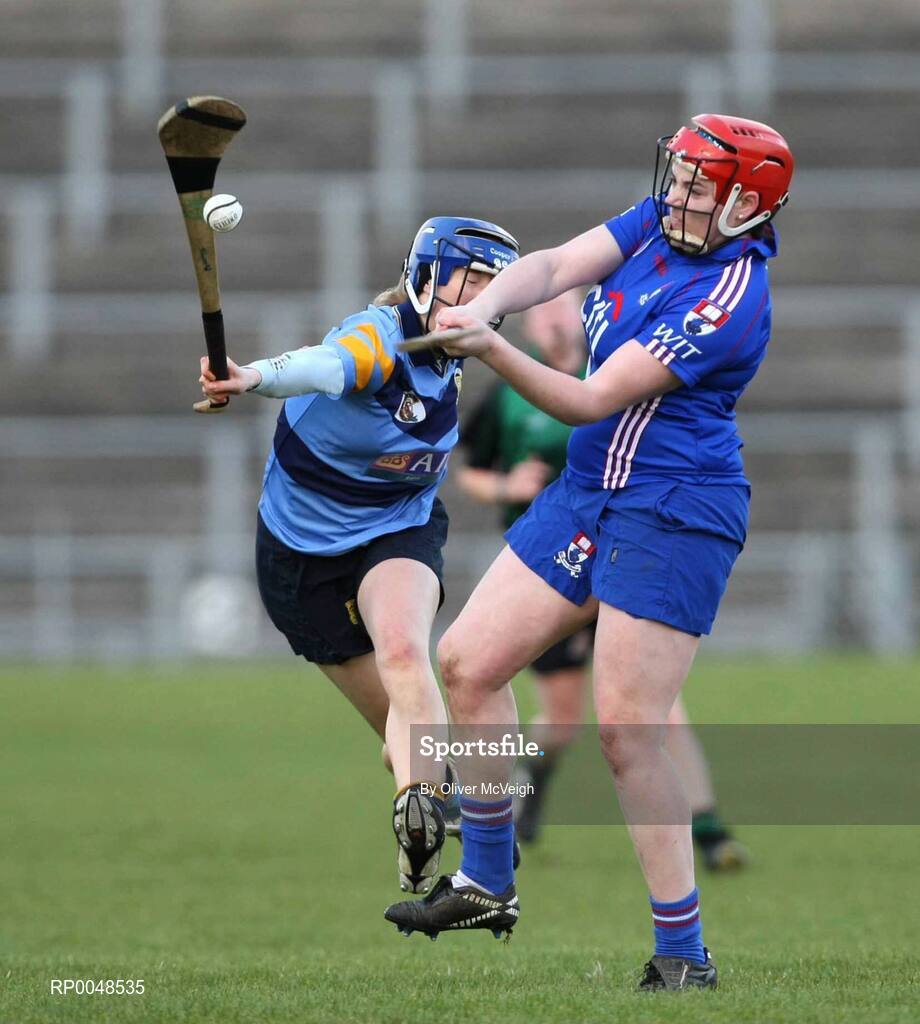 24 February 2008; Aine Fahey, Waterford IT, in action against Julianne Woodcock, University College Dublin. 2008 Ashbourne Cup Final, University College Dublin v Waterford IT, Casement Park, Belfast, Co. Antrim. Picture credit: Oliver McVeigh / SPORTSFILE