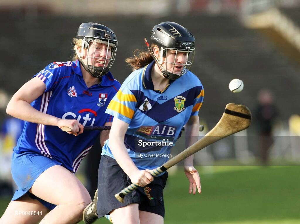 24 February 2008; Susie O'Carroll, University College Dublin, in action against Kay Ryall, Waterford IT. 2008 Ashbourne Cup Final, University College Dublin v Waterford IT, Casement Park, Belfast, Co. Antrim. Picture credit: Oliver McVeigh / SPORTSFILE