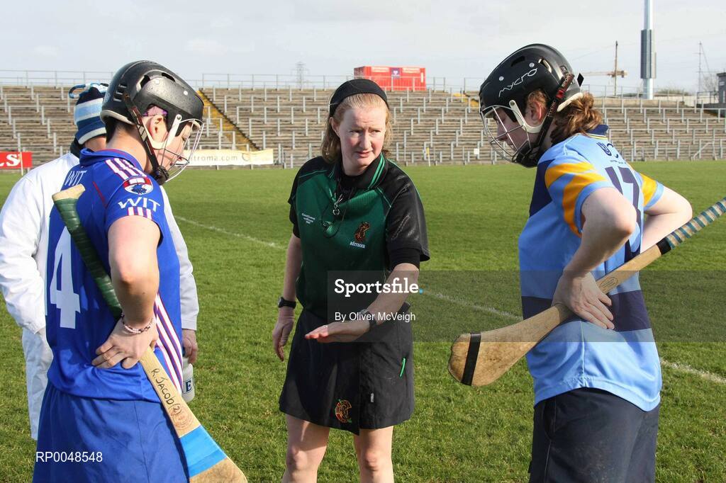 24 February 2008; Referee Una Kearney with Waterford IT captain Ursula Jacob and University College Dublin captain Susie O'Carroll at the toss. 2008 Ashbourne Cup Final, University College Dublin v Waterford IT, Casement Park, Belfast, Co. Antrim. Picture credit: Oliver McVeigh / SPORTSFILE