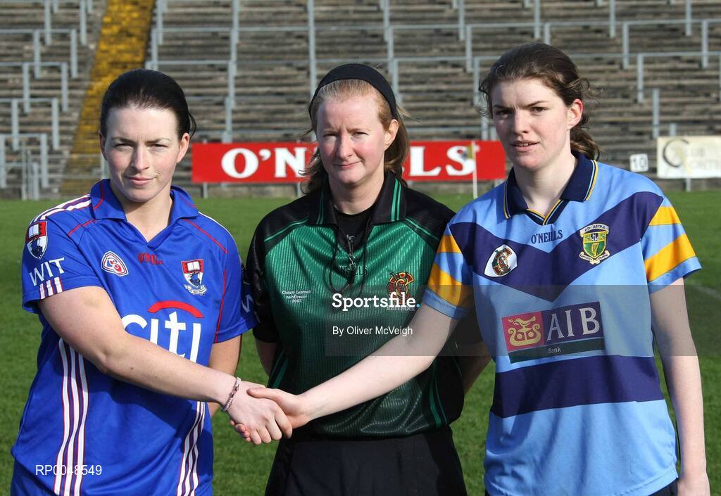 24 February 2008; Referee Una Kearney with Waterford IT captain Ursula Jacob and University College Dublin captain Susie O'Carroll before the start of the game. 2008 Ashbourne Cup Final, University College Dublin v Waterford IT, Casement Park, Belfast, Co. Antrim. Picture credit: Oliver McVeigh / SPORTSFILE