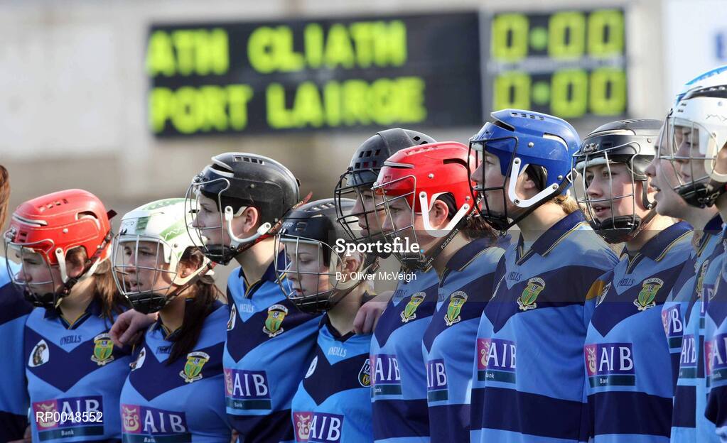 24 February 2008; University College Dublin players stand for the National Anthem. 2008 Ashbourne Cup Final, University College Dublin v Waterford IT, Casement Park, Belfast, Co. Antrim. Picture credit: Oliver McVeigh / SPORTSFILE