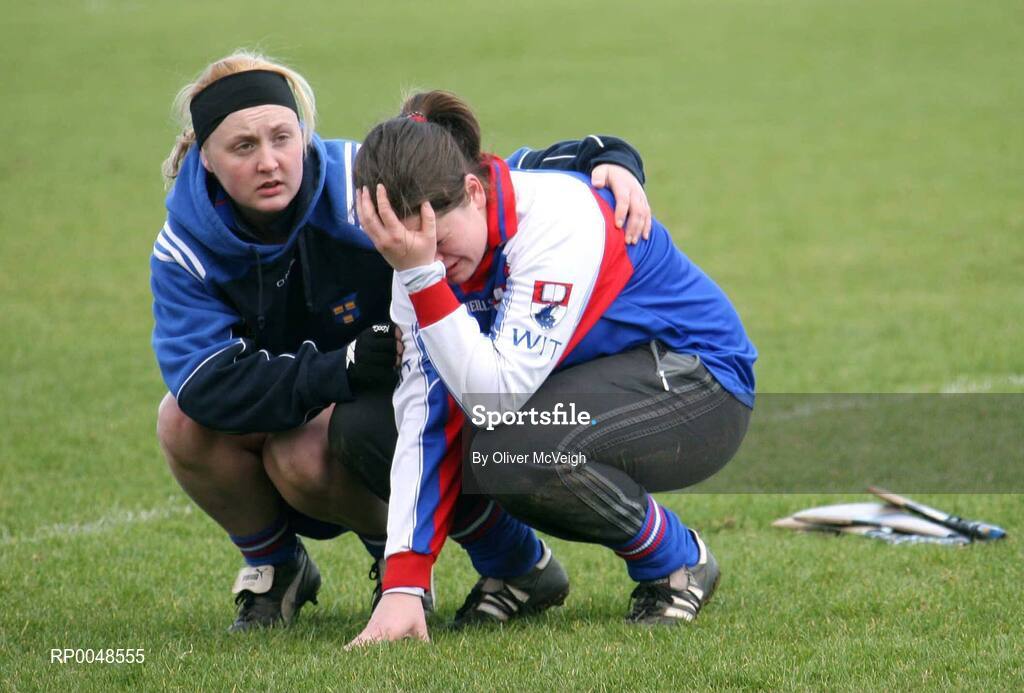 24 February 2008; Waterford IT goalkeeper Rosie Kenneally is consoled after defeat. 2008 Ashbourne Cup Final, University College Dublin v Waterford IT, Casement Park, Belfast, Co. Antrim. Picture credit: Oliver McVeigh / SPORTSFILE