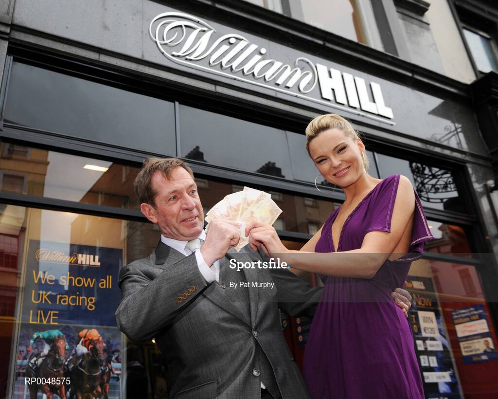 25 February 2008; Horse racing personality Derek Thompson with Miss Ireland 2006 Sarah Morrissey at the reopening of the newly refurbished William Hill Bookmakers branch on Dame Street, Dublin, are . William Hill Bookmakers, Dame Street, Dublin. Picture credit: Pat Murphy / SPORTSFILE
