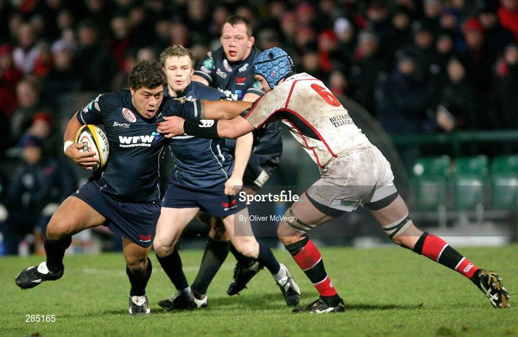29 February 2008; Mahonri Schwalger, Llanelli Scarlets, in action against Matt McCullough, Ulster. Magners League, Ulster v Llanelli Scarlets, Ravenhill Park, Belfast, Co. Antrim. Picture credit: Oliver McVeigh / SPORTSFILE