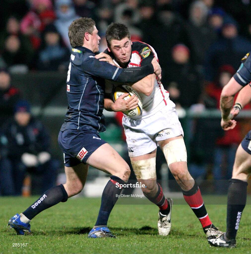 29 February 2008; Ryan Caldwell, Ulster, in action against Gavin Evans, Llanelli Scarlets. Magners League, Ulster v Llanelli Scarlets, Ravenhill Park, Belfast, Co. Antrim. Picture credit: Oliver McVeigh / SPORTSFILE