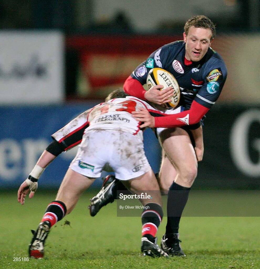29 February 2008; Morgan Stoddart, Llanelli Scarlets, in action against Paul Steinmetz, Ulster. Magners League, Ulster v Llanelli Scarlets, Ravenhill Park, Belfast, Co. Antrim. Picture credit: Oliver McVeigh / SPORTSFILE