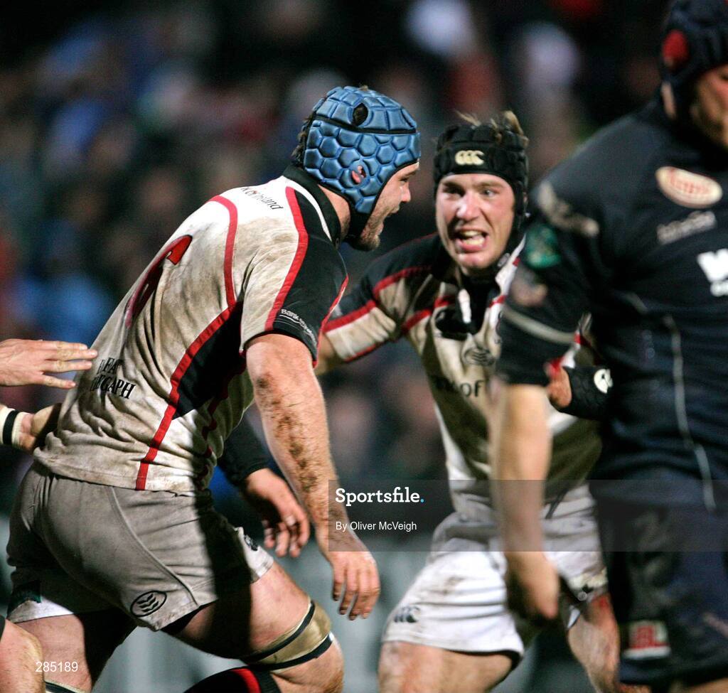 29 February 2008; Ulster's Matt McCullough turns to celebrate with team-mate Stephen Ferris after scoring his side's second try. Magners League, Ulster v Llanelli Scarlets, Ravenhill Park, Belfast, Co. Antrim. Picture credit: Oliver McVeigh / SPORTSFILE
