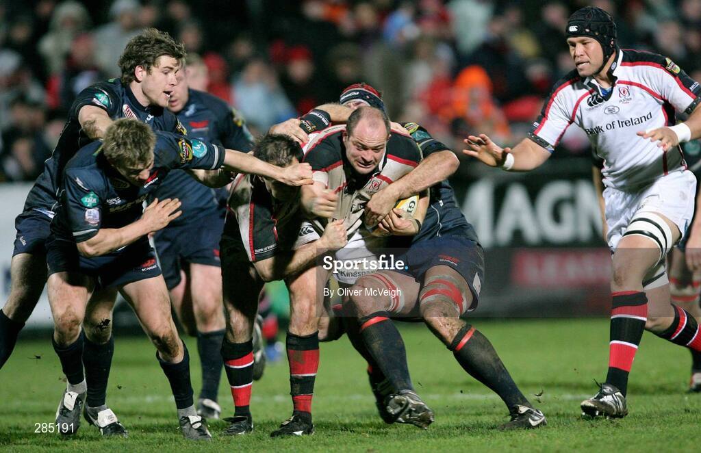 29 February 2008; Rory Best, Ulster, supported by team-mate Mark Bartholomeusz is tackled by Lou Reed, Llanelli Scarlets. Magners League, Ulster v Llanelli Scarlets, Ravenhill Park, Belfast, Co. Antrim. Picture credit: Oliver McVeigh / SPORTSFILE