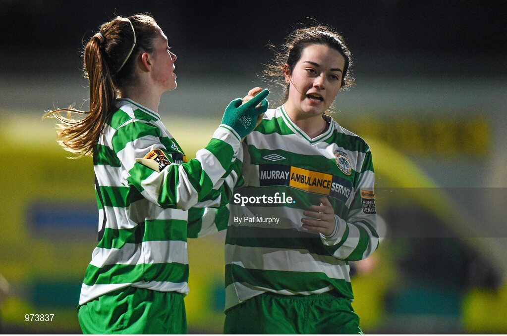 14 March 2015; Emma Hansberry, Castlebar Celtic, with teammate Katie Melly, right, after scoring her side's second goal against Peamount United. Continental Tyres Women's National League, Castlebar Celtic v Peamount United, Celtic Park, Castlebar, Co. Mayo. Picture credit: Pat Murphy / SPORTSFILE