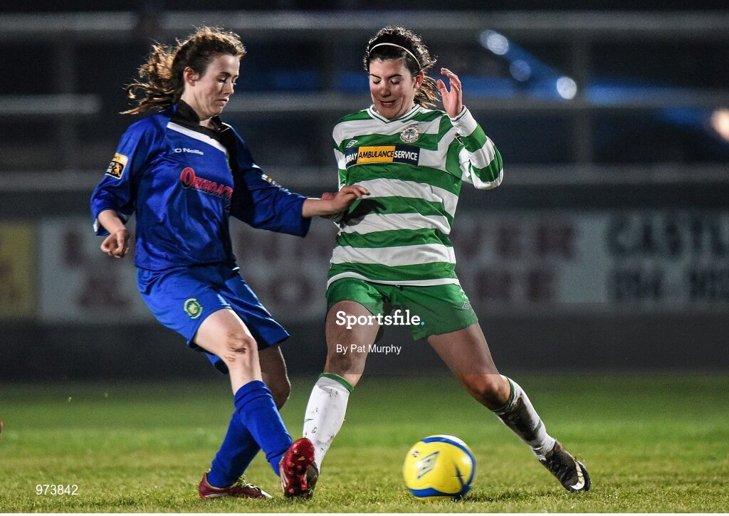 14 March 2015; Emma Byrne, Peamount United, in action against Rachel Kearns, Castlebar Celtic. Continental Tyres Women's National League, Castlebar Celtic v Peamount United, Celtic Park, Castlebar, Co. Mayo. Picture credit: Pat Murphy / SPORTSFILE