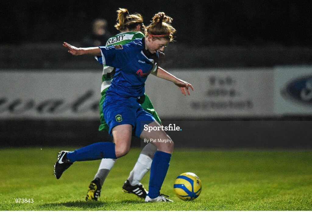 14 March 2015; Hayley Nolan, Peamount United, in action against Catherine Hyndman, Castlebar Celtic. Continental Tyres Women's National League, Castlebar Celtic v Peamount United, Celtic Park, Castlebar, Co. Mayo. Picture credit: Pat Murphy / SPORTSFILE