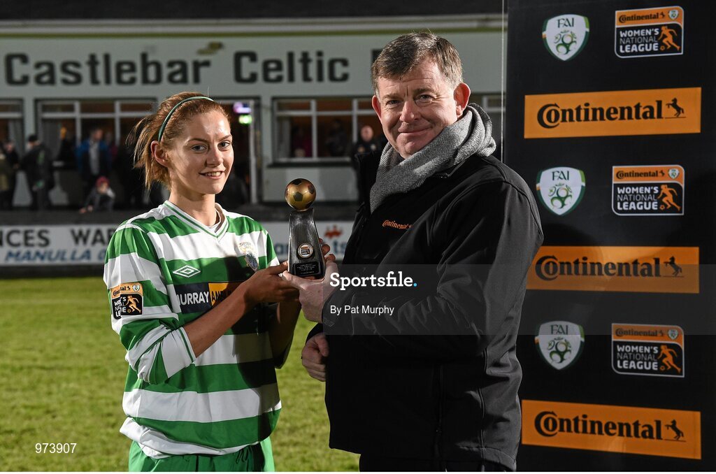 14 March 2015; Castlebar Celtic's Catherine Hyndman is presented with her player of the match award by Eddie Ryan, Advance Pitstop, Marketing Director. Continental Tyres Women's National League, Castlebar Celtic v Peamount United, Celtic Park, Castlebar, Co. Mayo. Picture credit: Pat Murphy / SPORTSFILE