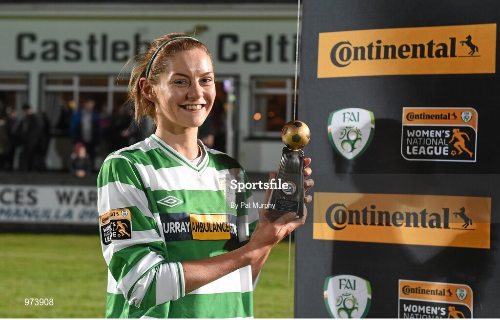 14 March 2015; Castlebar Celtic's Catherine Hyndman with her player of the match award. Continental Tyres Women's National League, Castlebar Celtic v Peamount United, Celtic Park, Castlebar, Co. Mayo. Picture credit: Pat Murphy / SPORTSFILE