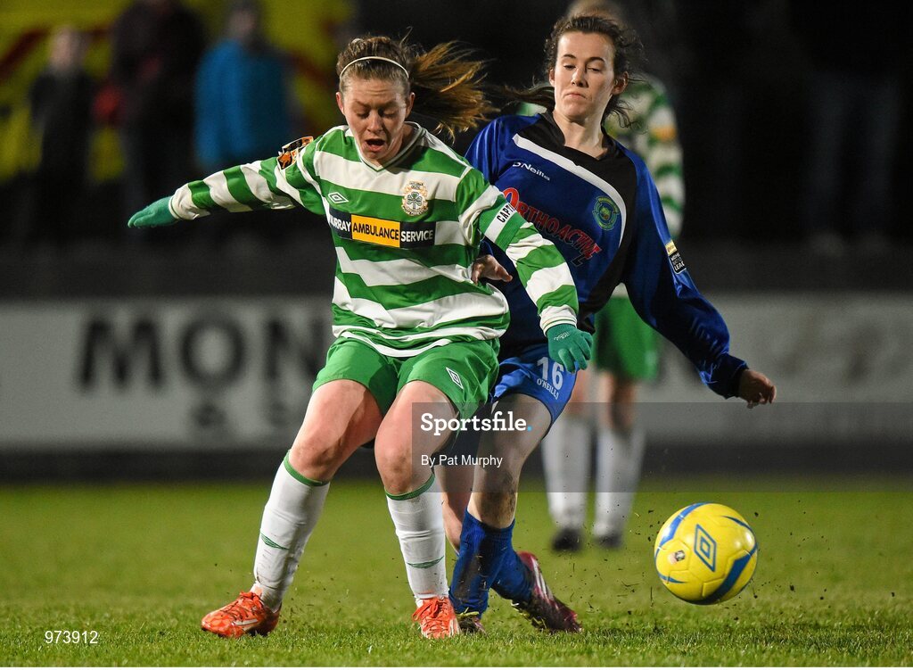 14 March 2015; Emma Hansberry, Castlebar Celtic, in action against Emma Byrne, Peamount United. Continental Tyres Women's National League, Castlebar Celtic v Peamount United, Celtic Park, Castlebar, Co. Mayo. Picture credit: Pat Murphy / SPORTSFILE