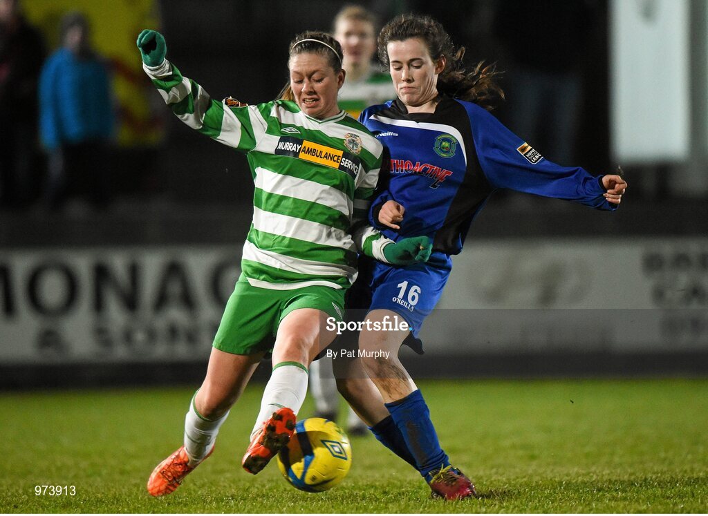 14 March 2015; Emma Hansberry, Castlebar Celtic, in action against Emma Byrne, Peamount United. Continental Tyres Women's National League, Castlebar Celtic v Peamount United, Celtic Park, Castlebar, Co. Mayo. Picture credit: Pat Murphy / SPORTSFILE