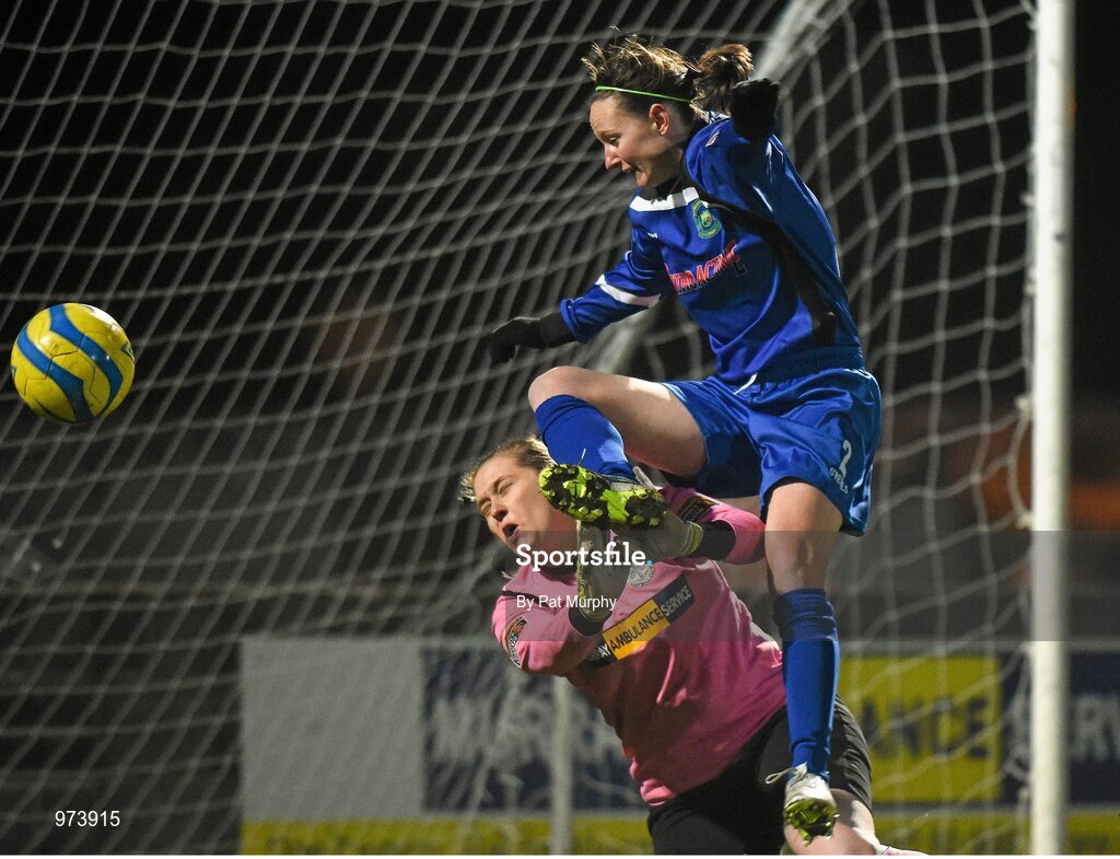 14 March 2015; Clare Kinsella, Peamount United, in action against Sarah Finnerty, Castlebar Celtic. Continental Tyres Women's National League, Castlebar Celtic v Peamount United, Celtic Park, Castlebar, Co. Mayo. Picture credit: Pat Murphy / SPORTSFILE