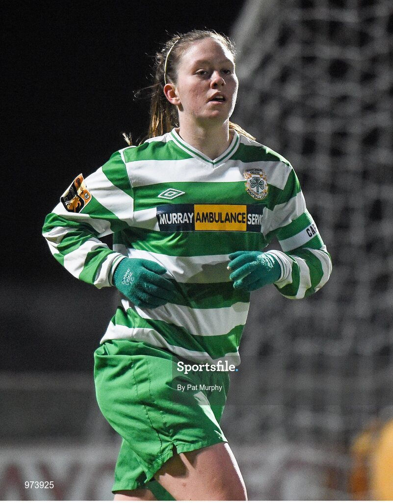 14 March 2015; Emma Hansberry, Castlebar Celtic, after scoring her side's second goal against Peamount United. Continental Tyres Women's National League, Castlebar Celtic v Peamount United, Celtic Park, Castlebar, Co. Mayo. Picture credit: Pat Murphy / SPORTSFILE