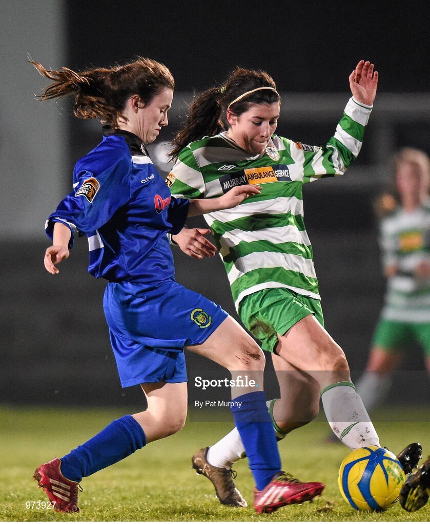 14 March 2015; Emma Byrne, Peamount United, in action against Rachel Kearns, Castlebar Celtic. Continental Tyres Women's National League, Castlebar Celtic v Peamount United, Celtic Park, Castlebar, Co. Mayo. Picture credit: Pat Murphy / SPORTSFILE
