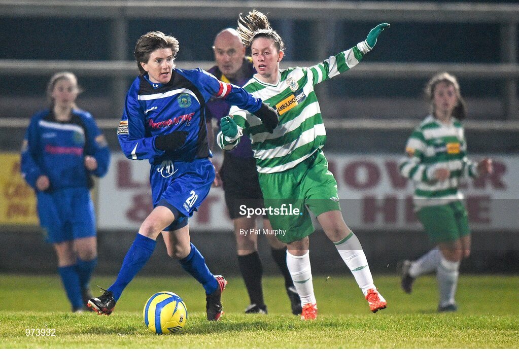 14 March 2015; Sylvia Gee, Peamount United, in action against Emma Hansberry, Castlebar Celtic. Continental Tyres Women's National League, Castlebar Celtic v Peamount United, Celtic Park, Castlebar, Co. Mayo. Picture credit: Pat Murphy / SPORTSFILE