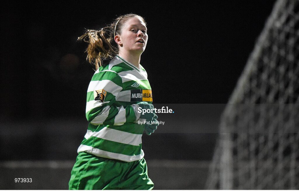 14 March 2015; Emma Hansberry, Castlebar Celtic, after scoring her side's second goal against Peamount United. Continental Tyres Women's National League, Castlebar Celtic v Peamount United, Celtic Park, Castlebar, Co. Mayo. Picture credit: Pat Murphy / SPORTSFILE