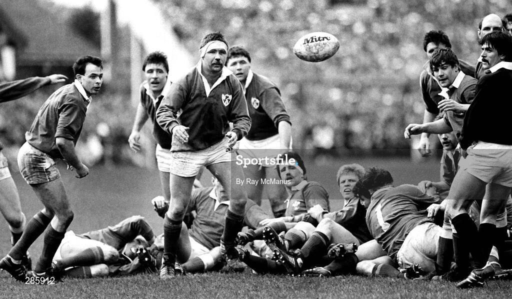 5 March 1988; Ireland players, from left, Denis McBride, Donal Lenihan, Des Fitzgerald and Tom Clancy in action against Wales. Five Nations Rugby Championship, Ireland v Wales, Lansdowne Road, Dublin. Picture credit: Ray McManus / SPORTSFILE