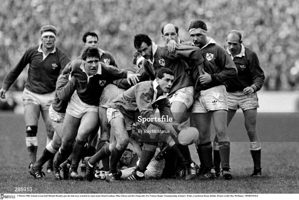 5 March 1988; Ireland scrum-half Michael Bradley gets the ball away watched by team-mates Donal Lenihan, Mike Gibson and Des Fitzgerald. Five Nations Rugby Championship, Ireland v Wales, Lansdowne Road, Dublin. Picture credit: Ray McManus / SPORTSFILE