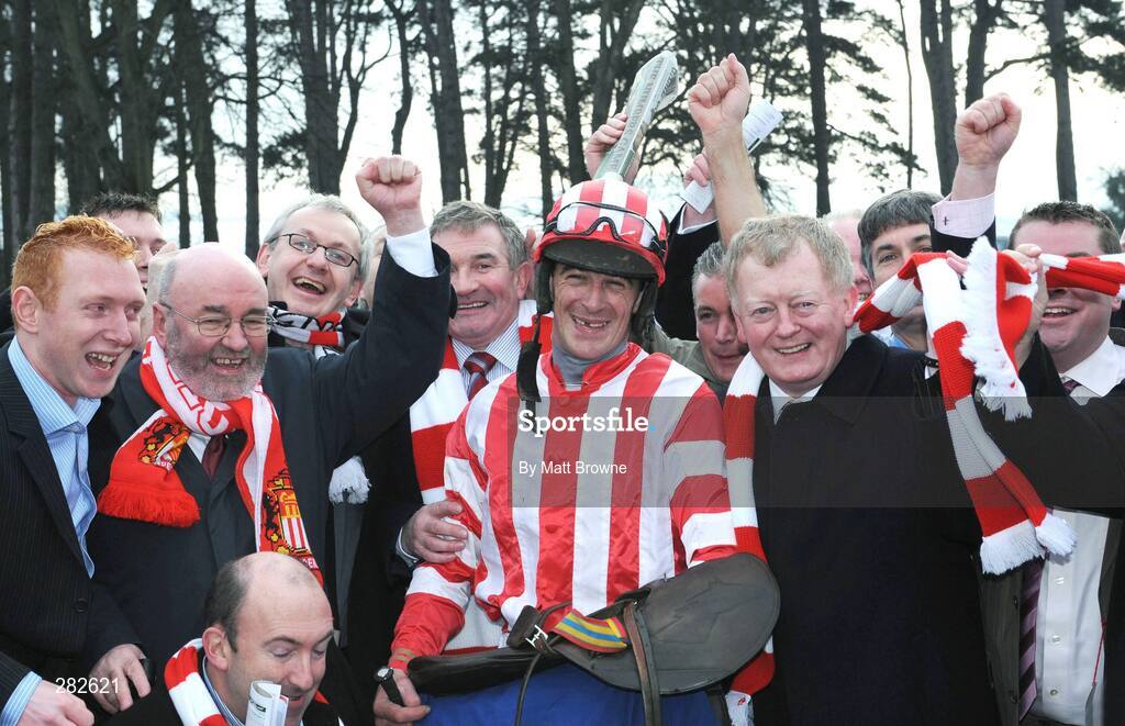 10 February 2008; Jockey Davy Russell with Charlie Chawke, right, and members of The Goat Racing Syndicate celebrate winning the Deloitte Novice Hurdle with Forpadydeplasterer. Leopardstown Racecourse, Dublin. Picture credit; Matt Browne / SPORTSFILE
