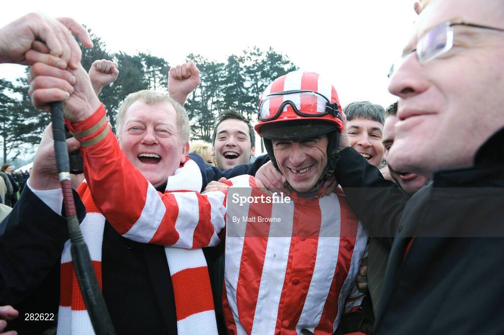 10 February 2008; Jockey Davy Russell with Charlie Chawke, left, and members of The Goat Racing Syndicate celebrate winning the Deloitte Novice Hurdle with Forpadydeplasterer. Leopardstown Racecourse, Dublin. Picture credit; Matt Browne / SPORTSFILE