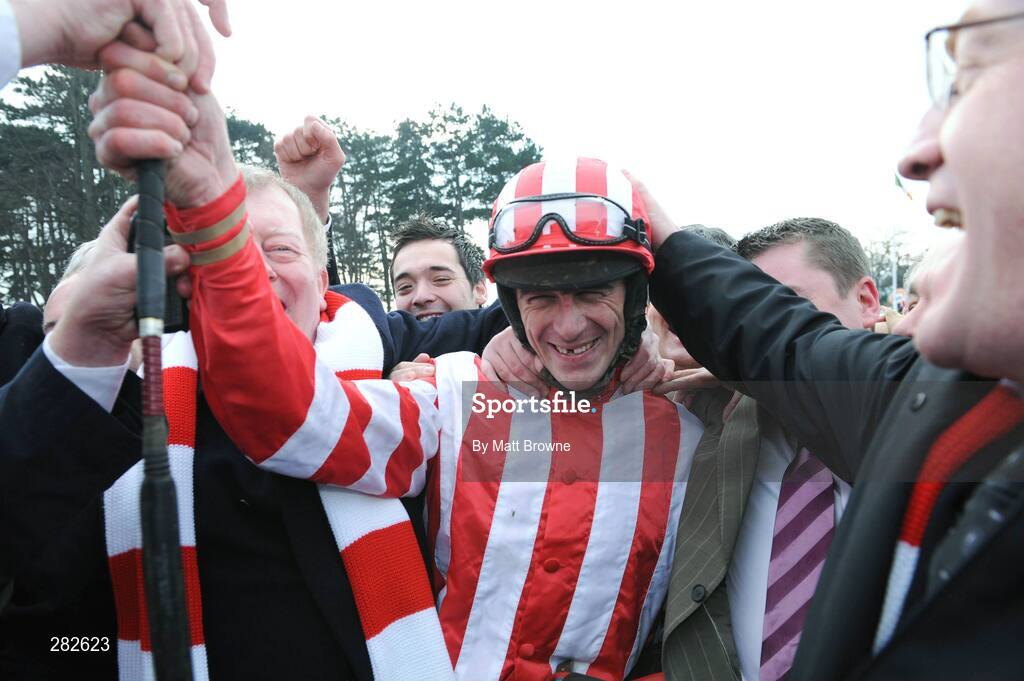 10 February 2008; Jockey Davy Russell with Charlie Chawke, left, and members of The Goat Racing Syndicate celebrate winning the Deloitte Novice Hurdle with Forpadydeplasterer. Leopardstown Racecourse, Dublin. Picture credit; Matt Browne / SPORTSFILE