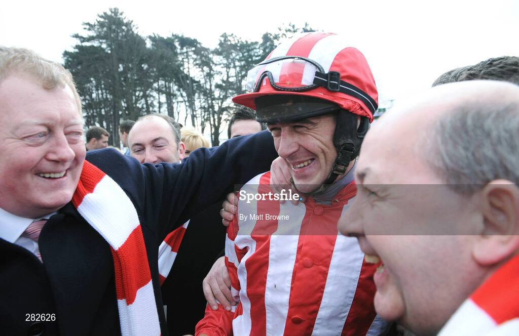 10 February 2008; Jockey Davy Russell with Charlie Chawke, left, and members of The Goat Racing Syndicate celebrate winning the Deloitte Novice Hurdle with Forpadydeplasterer. Leopardstown Racecourse, Dublin. Picture credit; Matt Browne / SPORTSFILE