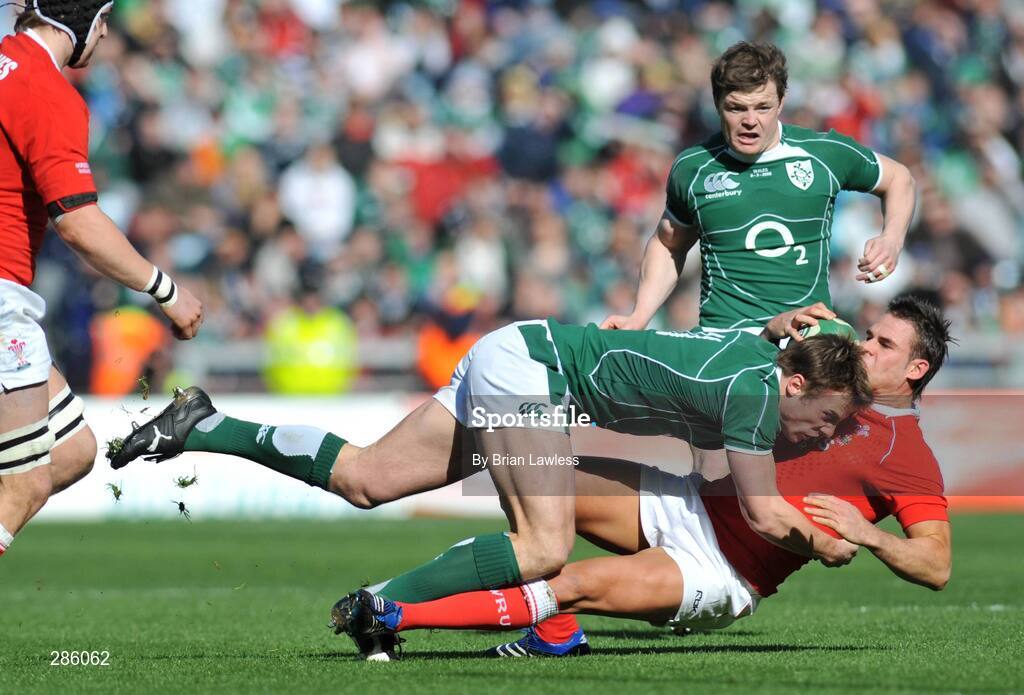8 March 2008; Lee Byrne, Wales, in action against Tommy Bowe, Ireland. RBS Six Nations Rugby Championship, Ireland v Wales, Croke Park, Dublin. Picture credit: Brian Lawless / SPORTSFILE