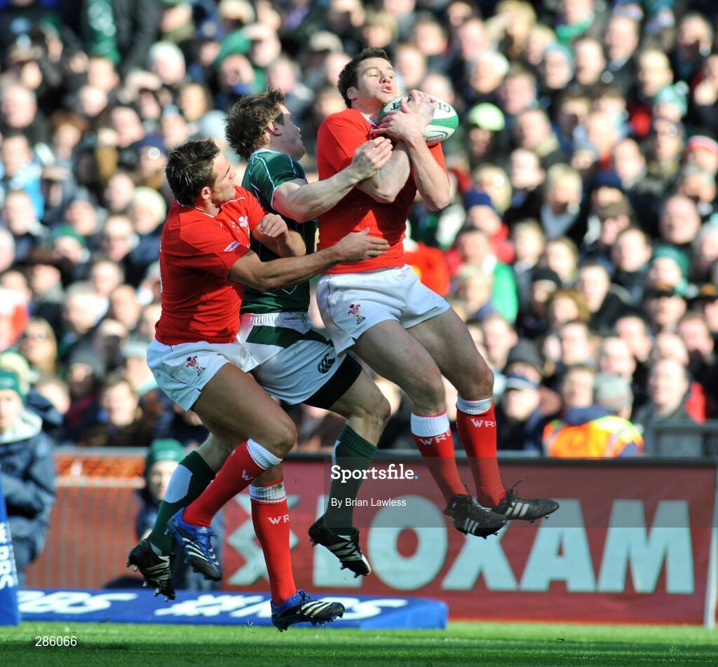 8 March 2008; Brian O'Driscoll, Ireland, in action against Mark Jones and Lee Byrne, left, Wales. RBS Six Nations Rugby Championship, Ireland v Wales, Croke Park, Dublin. Picture credit: Brian Lawless / SPORTSFILE