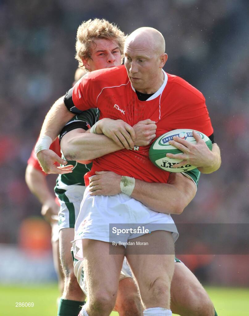 8 March 2008; Tom Shanklin, Wales, is tackled by Andrew Trimble, left, and David Wallace, Ireland. RBS Six Nations Rugby Championship, Ireland v Wales, Croke Park, Dublin. Picture credit: Brendan Moran / SPORTSFILE