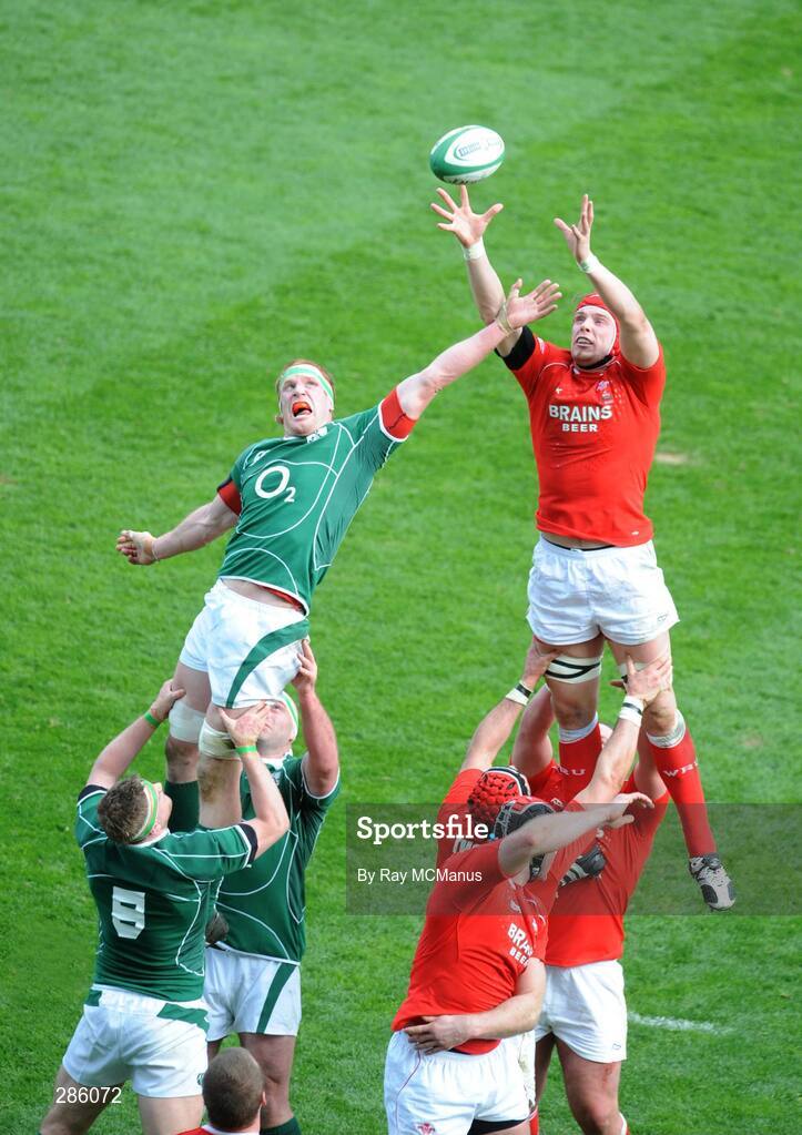 8 March 2008; Alun-Wyn Jones wins possession for Wales ahead of Ireland's Paul O'Connell. RBS Six Nations Rugby Championship, Ireland v Wales, Croke Park, Dublin. Picture credit: Ray McManus / SPORTSFILE