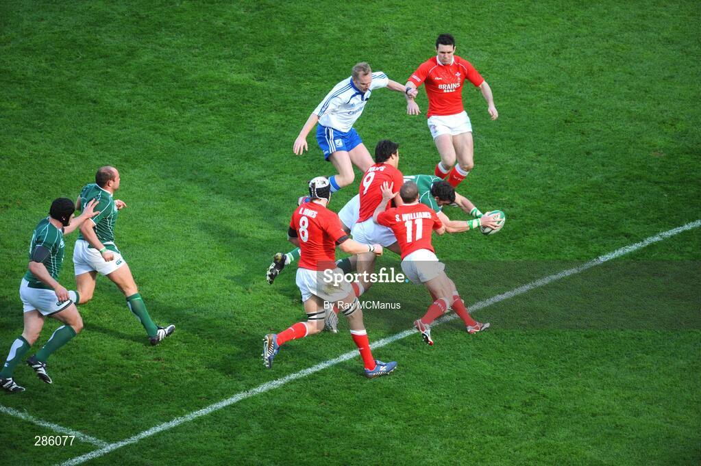 8 March 2008; Ireland's Shane Horgan under pressure from Mike Phillips, Wales, fails to reach the try line. RBS Six Nations Rugby Championship, Ireland v Wales, Croke Park, Dublin. Picture credit: Ray McManus / SPORTSFILE