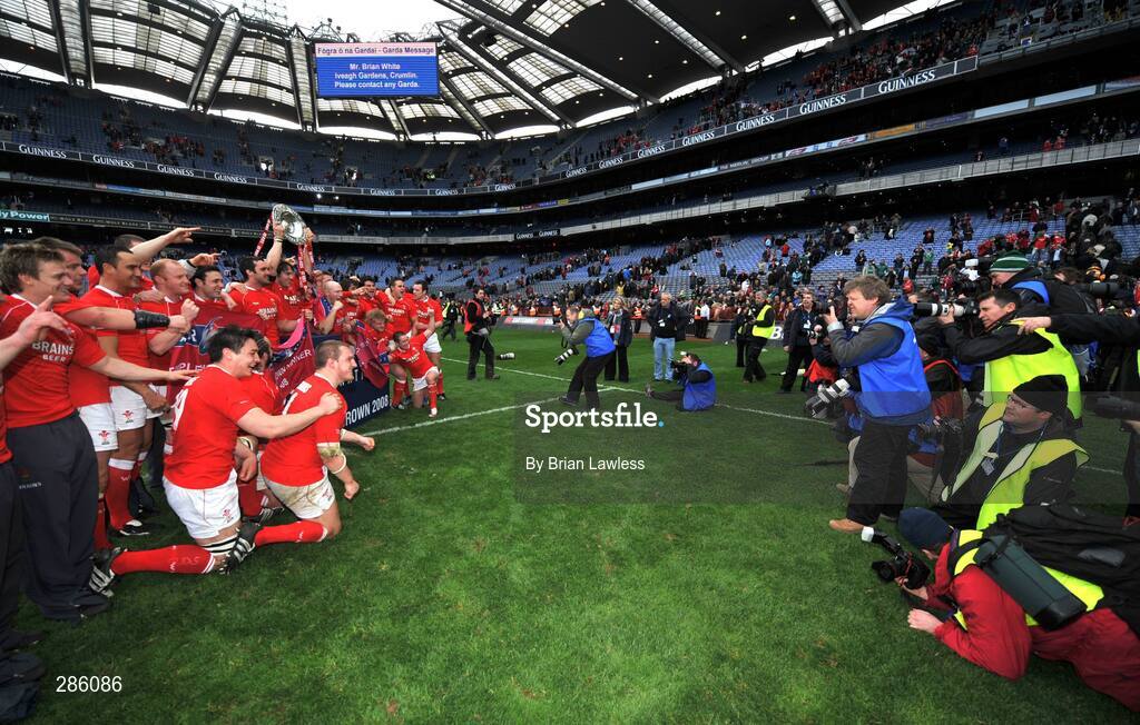 8 March 2008; The Wales team pose for the team photograph after winning the Triple Crown. RBS Six Nations Rugby Championship, Ireland v Wales, Croke Park, Dublin. Picture credit: Brian Lawless / SPORTSFILE