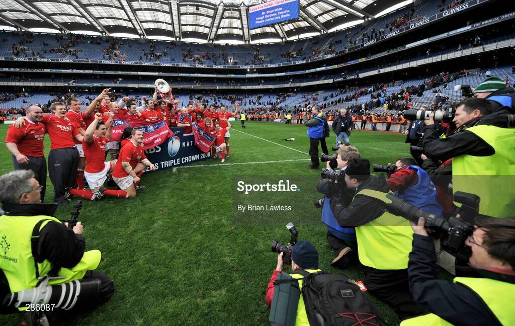 8 March 2008; The Wales team pose for the team photograph after winning the Triple Crown. RBS Six Nations Rugby Championship, Ireland v Wales, Croke Park, Dublin. Picture credit: Brian Lawless / SPORTSFILE