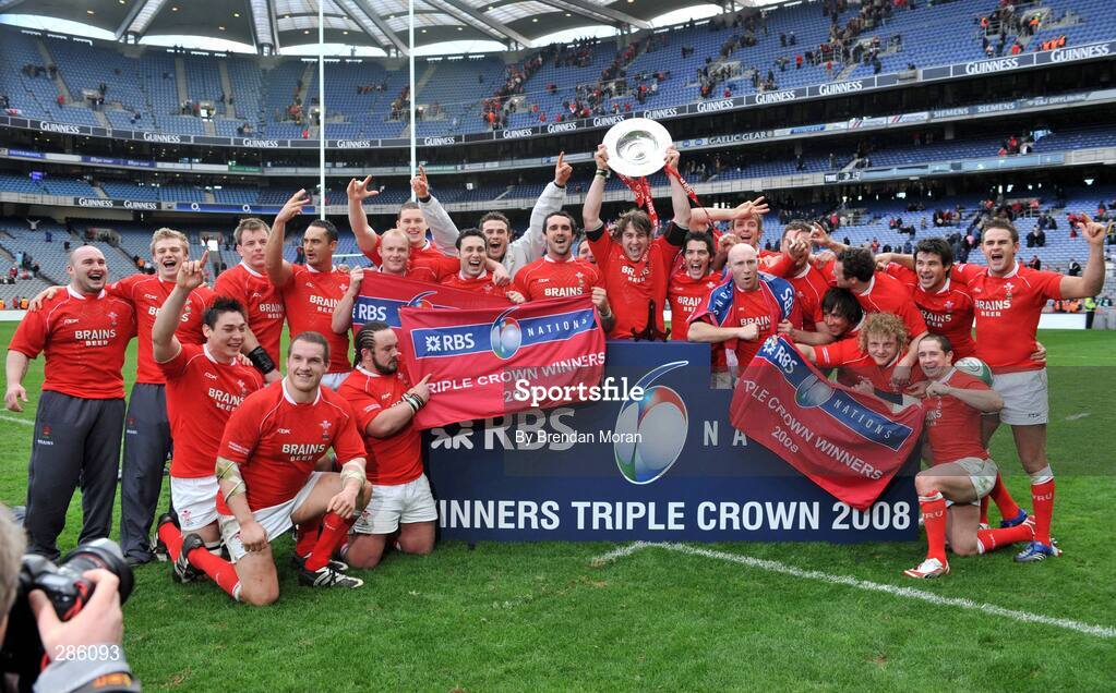 8 March 2008; The Wales team celebrate with the Triple Crown trophy after the game. RBS Six Nations Rugby Championship, Ireland v Wales, Croke Park, Dublin. Picture credit: Brendan Moran / SPORTSFILE