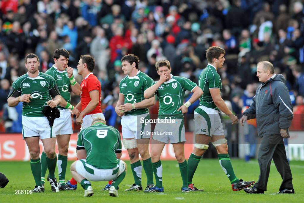 8 March 2008; Ireland players, from left, Denis Leamy, Shane Horgan, Jamie Heaslip, David Wallace, Ronan O'Gara, and Donncha O'Callaghan, after defeat to Wales. RBS Six Nations Rugby Championship, Ireland v Wales, Croke Park, Dublin. Picture credit: Brian Lawless / SPORTSFILE