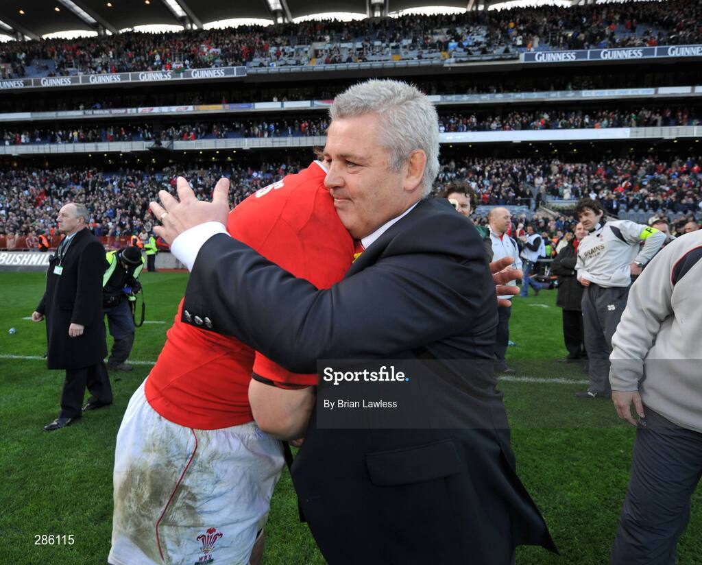 8 March 2008; Wales coach Warren Gatland congratulates Wales captain Ryan Jones after winning the Triple Crown. RBS Six Nations Rugby Championship, Ireland v Wales, Croke Park, Dublin. Picture credit: Brian Lawless / SPORTSFILE