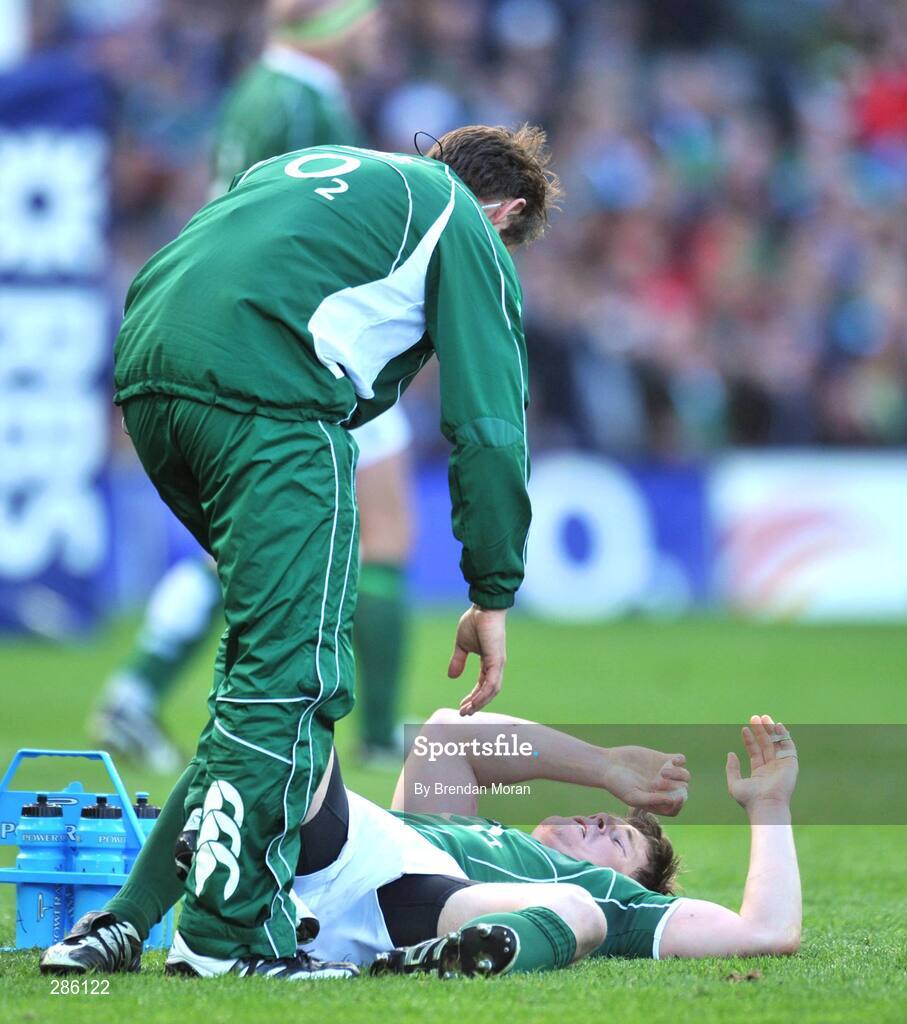 8 March 2008; Ireland captain Brian O'Driscoll is attended to by team physio Cameron Steele before leaving the pitch with an injury. RBS Six Nations Rugby Championship, Ireland v Wales, Croke Park, Dublin. Picture credit: Brendan Moran / SPORTSFILE