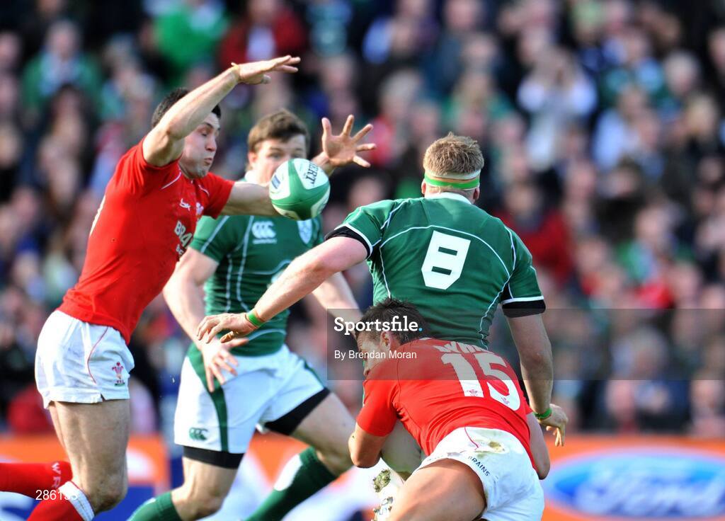 8 March 2008; Stephen Jones, Wales, intercepts a pass from Ireland's Jamie Heaslip to team-mate Brian O'Driscoll. RBS Six Nations Rugby Championship, Ireland v Wales, Croke Park, Dublin. Picture credit: Brendan Moran / SPORTSFILE