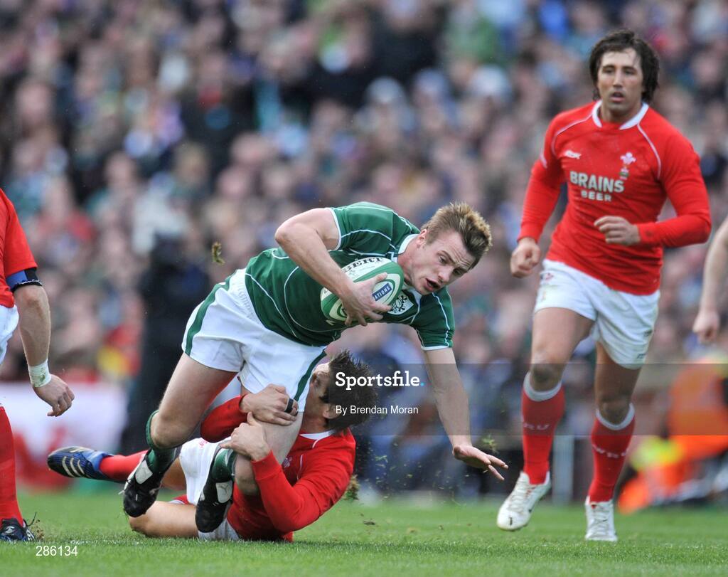 08 March 2008; Tommy Bowe, Ireland, is tackled by James Hook, Wales. RBS Six Nations Rugby Championship, Ireland v Wales, Croke Park, Dublin. Picture credit: Brendan Moran / SPORTSFILE