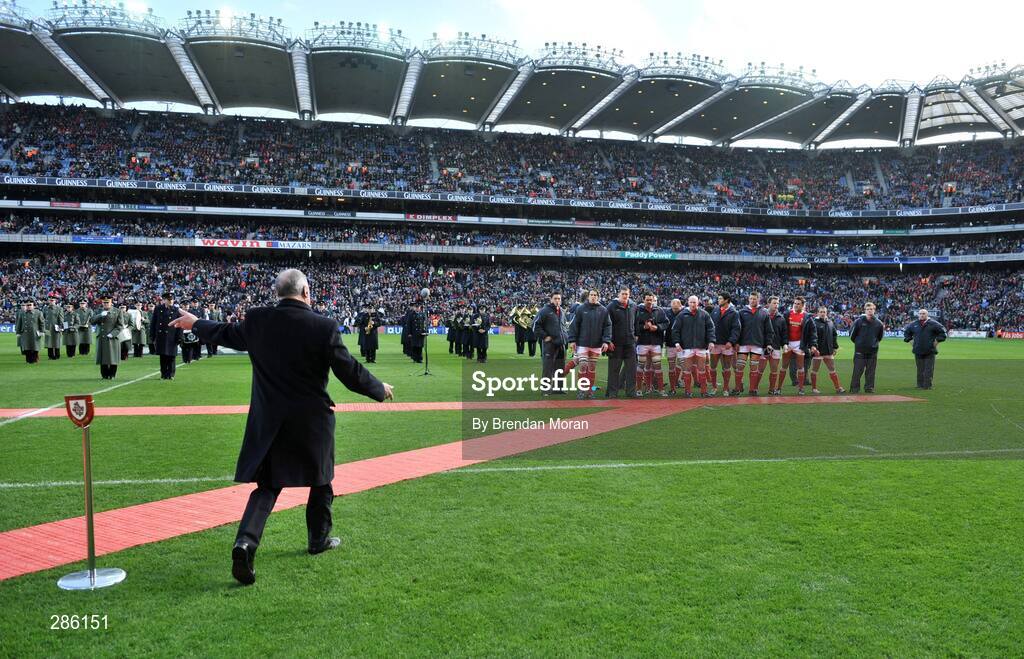 8 March 2008; The Welsh team are asked to stand in the correct position by IRFU official Declan Meade for meeting President of Ireland Mary McAleese before the game. RBS Six Nations Rugby Championship, Ireland v Wales, Croke Park, Dublin. Picture credit: Brendan Moran / SPORTSFILE