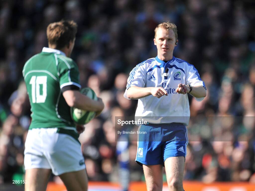 8 March 2008; Referee Wayne Barnes asks Ireland's Ronan O'Gara to retake a restart during the first half. RBS Six Nations Rugby Championship, Ireland v Wales, Croke Park, Dublin. Picture credit: Brendan Moran / SPORTSFILE