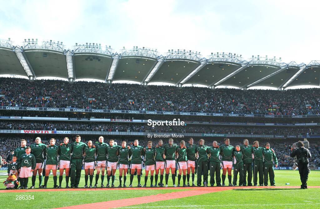 8 March 2008; The Ireland squad stand together for the National Anthems before the game. RBS Six Nations Rugby Championship, Ireland v Wales, Croke Park, Dublin. Picture credit: Brendan Moran / SPORTSFILE