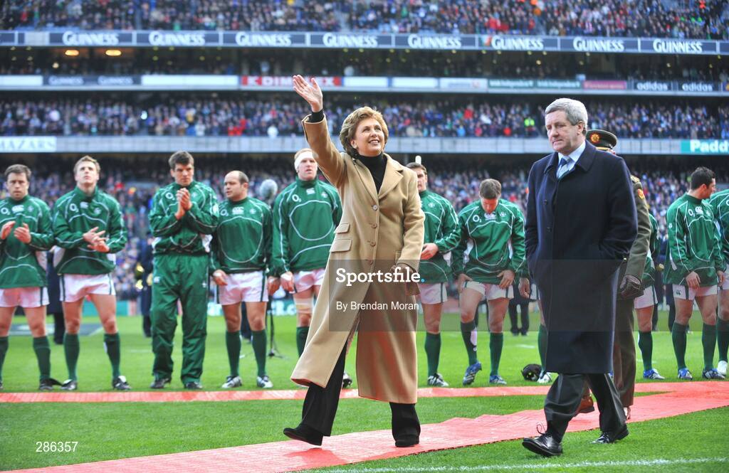 8 March 2008; President of Ireland Mary McAleese, accompanied by IRFU president Der Healy, waves to the crowd after meeting the teams before the game. RBS Six Nations Rugby Championship, Ireland v Wales, Croke Park, Dublin. Picture credit: Brendan Moran / SPORTSFILE