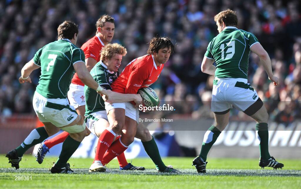 8 March 2008; Gavin Henson, Wales, is tackled by Andrew Trimble, Ireland. RBS Six Nations Rugby Championship, Ireland v Wales, Croke Park, Dublin. Picture credit: Brendan Moran / SPORTSFILE